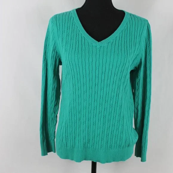 CARIBBEAN JOE Knitted Sweater Woman Sizer XL Green Cable Knit Long Sleeve V Neck - Picture 4 of 10